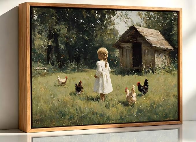Misubvy Vintage Farmhouse Girl Canvas Wall Art,8x10in | Floating Framed- Chicken Poster Prints.Rural Cottagecore Picture,Country Painting for Bedroom Living Room Wall Decor