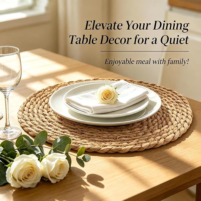 13.8 Inch Round Woven Placemats Set of 18, Rattan Chargers for Dinner Plates, Rattan Wicker Table Mats Jute Braided, Boho Farmhouse Rustic Braided Place Mats for Kitchen Dining Party Decor