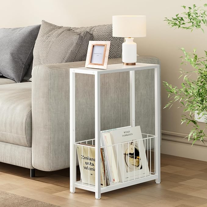 Homleke Narrow Side Table with Magazine Holder, Skinny End Table | Space-Saving Design, Small Spaces, Storage Shelf, Metal Frame, Easy Assembly, 7.1" D x 16.9" W x 23.6" H, White