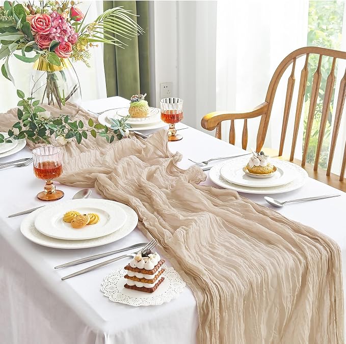 IVAPUPU Nude Table Runner 120 Inches for Wedding Birthday Party Home Decor | 2 Pcs Boho Gauze 10FT Cheesecloth Table Runners for Baby Shower Decorations Summer Garden Farmhouse