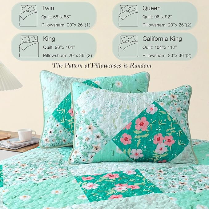 Whale Flotilla Patchwork Quilts Twin Size, Extra Soft Floral Bedspreads | Green Reversible Lightweight Twin Quilt Bedding Set for Bed, Printed Coverlets with 1 Pillow Sham for All Seasons