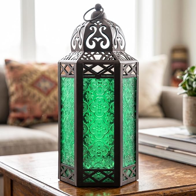 Vela Lanterns Decorative Indoor Candle Holder Table Centerpieces - Moroccan Hanging Outdoor Patio & Porch Home Decor, Turkish Lamp for Wedding, Ramadan (Large 12", Green Glass)