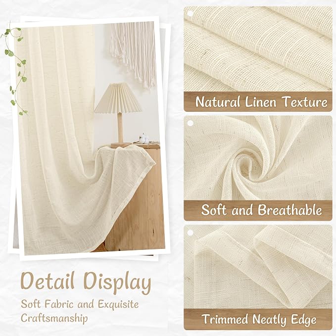 Beige Linen Semi Sheer Curtains 96 inches Long, 52 x 96 Inch | Light Filtering, Living Room Curtains, Floor to Ceiling Drapes for Bedroom, Sliding Glass Door, Back Tab Rod Pocket, 2 Panels