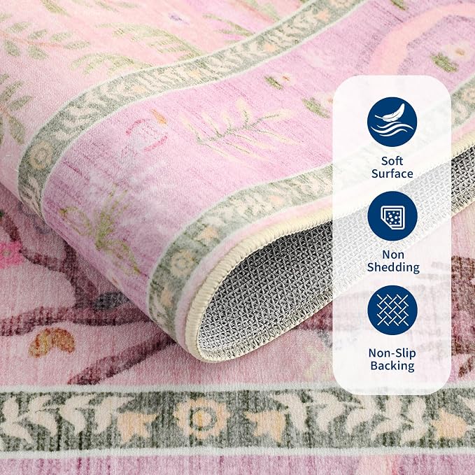Washable Area Rug 5x7 Purple Animal Print Rugs for Nursery Non Slip Stain Resistant Forest Fairy Tale Throw Carpet Low Pile Whimsical Safari Area Rugs for Entryway Girls Bedroom Dining Room, Lavender