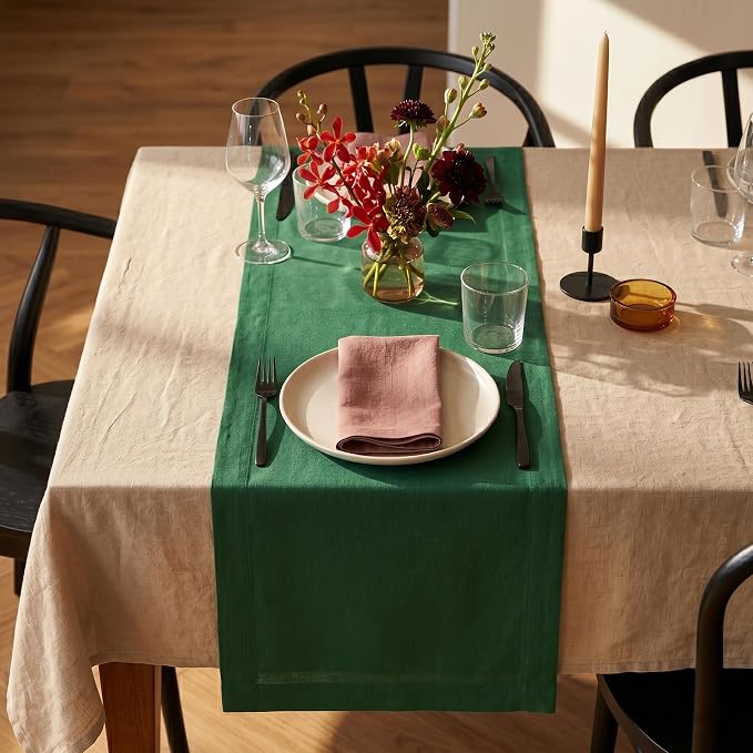 Solino Home 100% Pure Linen Table Runner Pine Green Long, Fete 14 x 90 in | brings a tailored look to family meals and hosting, European flax fibres, naturally breathable, soft, OEKO-TEX Certified