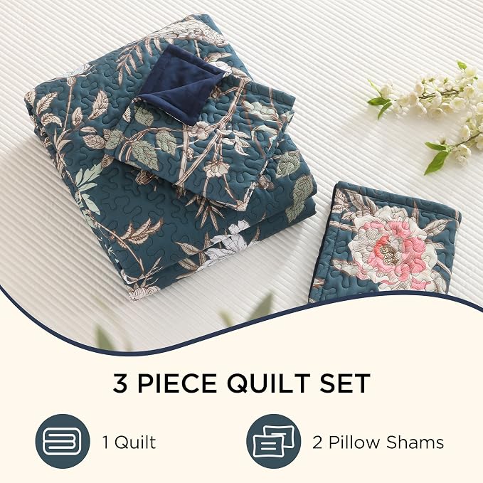 Litanika Floral Teal Quilt Oversized King - 3Pcs Botanical Birds Bed Set | Super King Plus Bedspread Summer Lightweight Soft Coverlet with Pink Flower for All Seasons(128"x120")