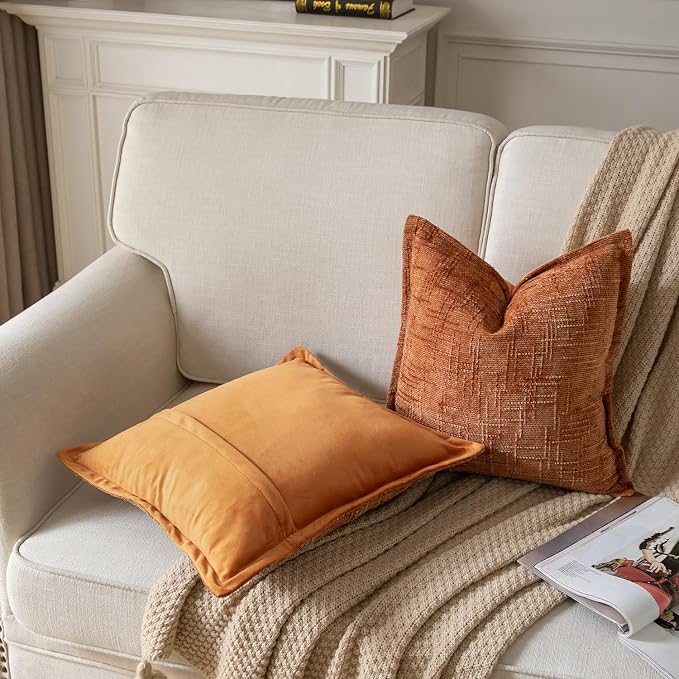 Yaertun Chenille Throw Pillow Covers 18x18 Inch Set of 2 Textured Broadside Soft Cozy Velvet Pillow Covers Modern Farmhouse Boho Decorative Pillow Cases for Couch Bed Sofa Livingroom Burnt Brick