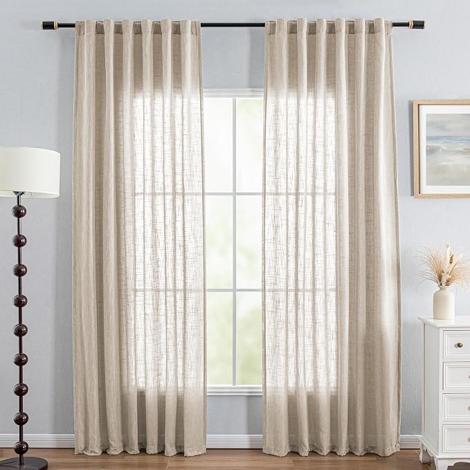 MYSKY HOME Cotton Curtains for Living Room Farmhouse Semi Sheer Light Filtering for Windows, Linen Look Texture Soft Modern Decor Country Style, 50" x 80", Light Oatmeal, 2 Panels