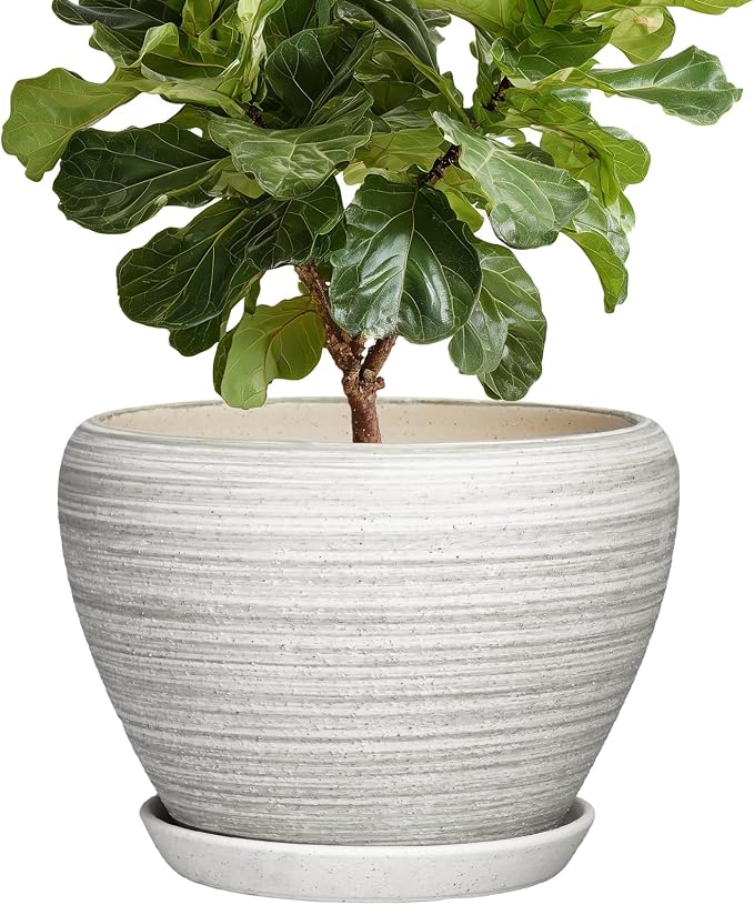 Ceramic Plant Pots Indoor, 10 Inch Planter, Textured Grey | Modern Planters for Indoor Plants, Large Flower Pots with Drainage Hole and Saucer, Bedroom Decor, Gardening Gifts