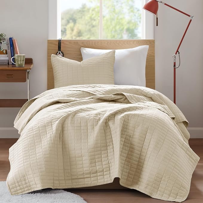 Comfort Spaces Kienna Twin Quilt Bedding Set 2 Piece, 66"x 90" Ivory | Soft Cozy Lightweight Summer Twin XL Coverlet for College Dorm, Quilted Extra Layer, Modern Casual Bedroom Decor, OEKO-TEX