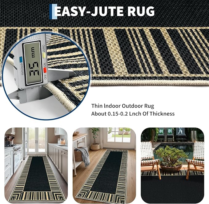 COZYLOOM 8x10 Easy Jute Outdoor Patio Rug Washable Living Room Rug with Rubber Backing, Stain Resistant Neutral Striped Border Rugs Non Shedding Foldable Mats for Bedroom, Dining Room, Backyard, Black