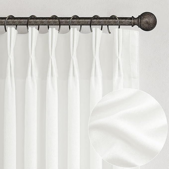 High Ceiling Pure White Extra Long 120 Inch Curtains for Sliding Glass Doors 2 Panels Set, Memory Trained Pinch Pleat Thick Linen Curtain for Living Room Light-Filtering Sheers Lush Decor Viral Drapes