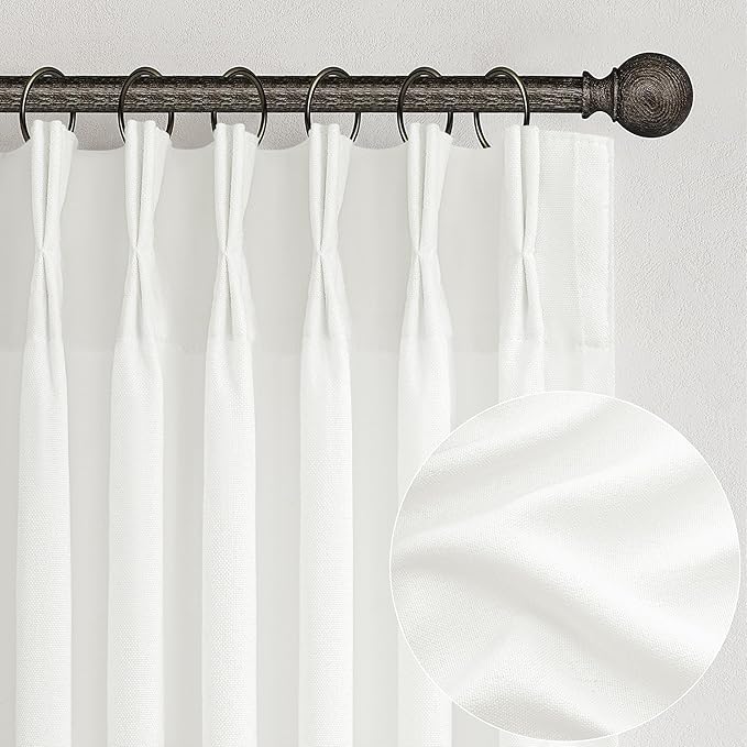 PleatedDrapes Light Filtering Pure White Curtains 84 Inches Long for Living Room, Modern Linen Blend Textured Sheer Memory Shape Trained Pleat Curtain Back Tab for Bedroom 2 Panel Set Window Drape 7FT