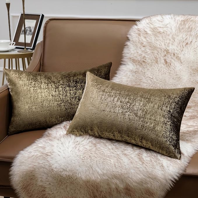 Phantoscope Pack of 2 Sparkling Velvet Decorative Throw Pillow Covers Soft Gold Glitter Square Cushion Cover Pillowcase for Couch Bed and Chair, Dark Brown, 12 x 20 inches, 30 x 50 cm
