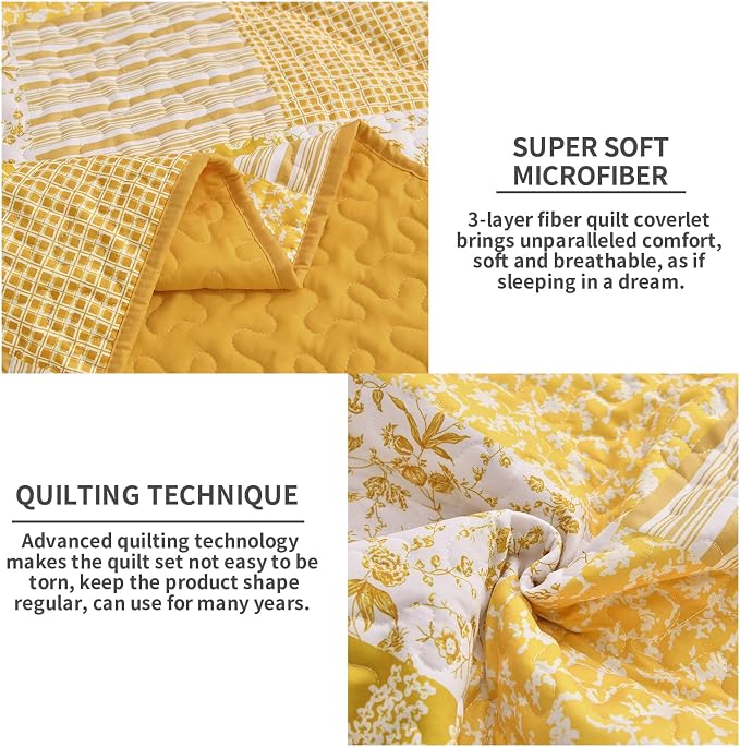 Mybedsoul Yellow Boho Quilt Set Full Size, Patchwork Quilt Bedding Set | 3 Pieces Plaid Floral Bedspread Coverlet Set for All Seasons, Soft Lightweight Patchwork Reversible Bedding Set 78"×90"