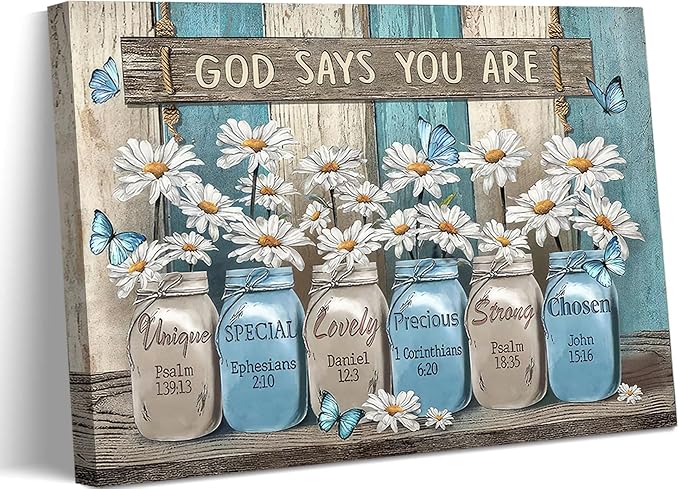 Daisy Canvas Wall Art Vintage Rustic White Flower Pictures Butterfly Wall Decor God Says You are Bible Verses Poster Print Artwork for Country Farmhouse Bedroom Bathroom Home Decoration 12x16in