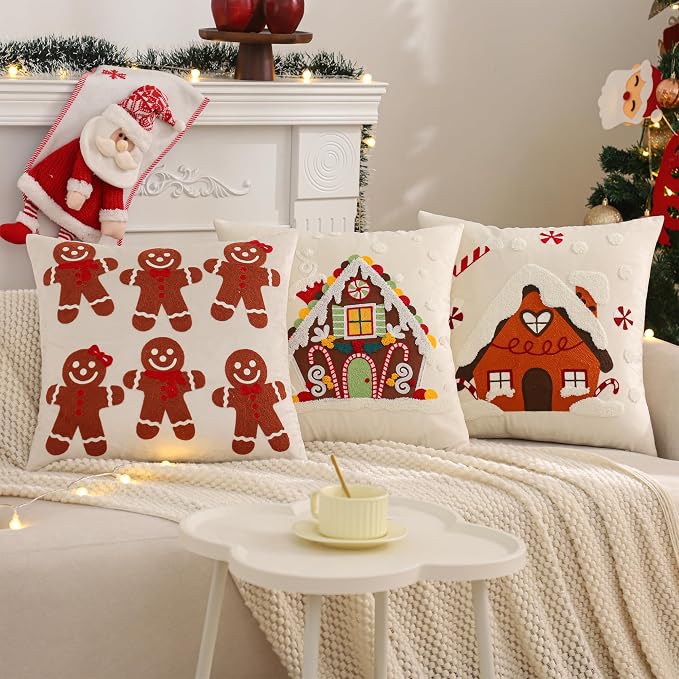 Christmas Throw Pillow Covers 18x18 Set of 2 Brown Gingerbread Man