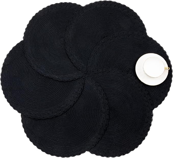 SHACOS Round Placemats Set of 4 Boho Braided Border 15 inch Circle Place Mats Washable Fabric Table Mats for Kitchen Dining Table, Black (Pack of 2)
