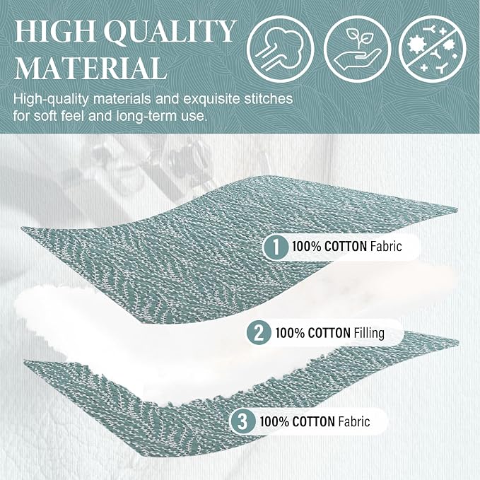 SahSahCasa Quilt Set Queen Size, 100% Cotton Quilt Bedding Set Bedspread, Botanical Pattern Solid Color Chic Lightweight Quilted Comforter for Queen Bed, White/Teal, All Season, 3PCs