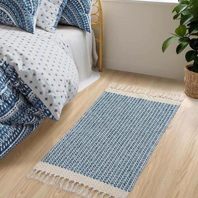Lahome Boho Bathroom Rugs, Small 2x3 Front Door Mat for Kitchen, Washable | Indoor Entryway Area Rug Woven Cotton with Tassels, Farmhouse Non Shedding Blue Throw Low Pile Carpet for Bath Entry Laundry