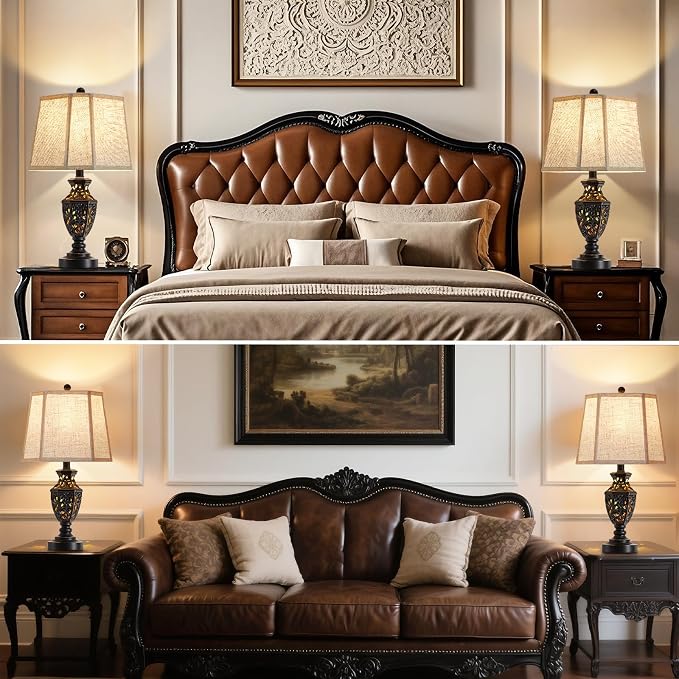 EJIAXIN Lamps for Night Stands Set of 2-23.5" Vintage Bedside Lamp with USB A+C and Nightlight - Black Retro Carved Resin Farmhouse Table Lamp for Bedrooms, End Tables, Living Room, Bulbs Included