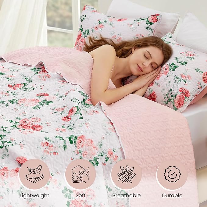 EXQ Home Printed Quilt Set Full Queen Size Pink Daphne Bedspread Set | Bedding Set For All Season Use, Soft & Breathable Coverlet,3-Piece Set Includes 2 Shams, Machine Washable