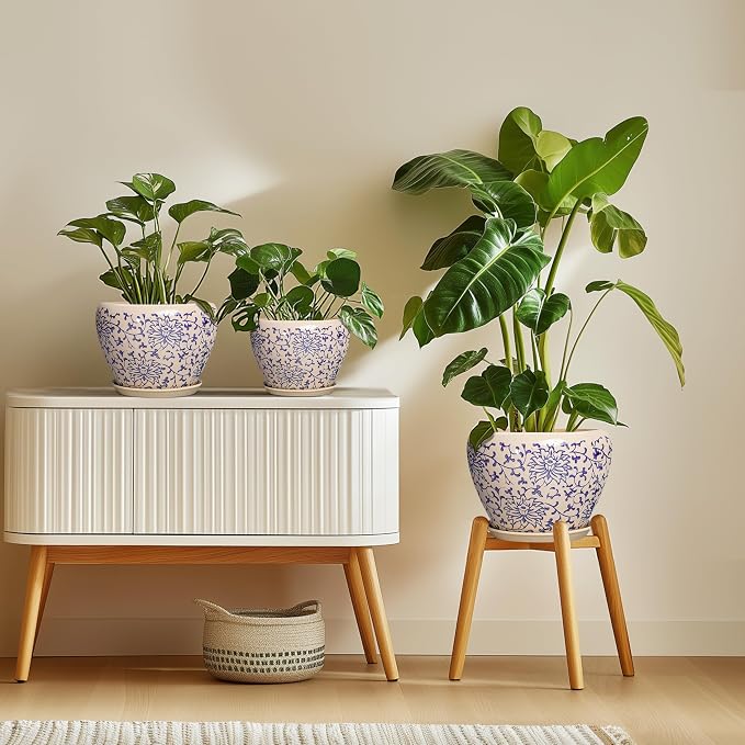 Ceramic Pots for Plants - 8 Inch Plant Pot with Drainage Hole and Saucer, Modern Flower Pots for Indoor Outdoor Plants, Round Decorative Planter, Bedroom Decor, Plant Lover Gift, Retro Blue