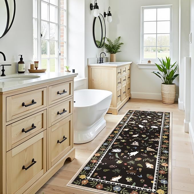 AIMPEAK Black 2x6 Non Slip Runner Rug - Washable Cat Floral Kitchen Carpet with Rubber Backing, Soft Low Pile Long Mat for Kitchen, Laundry Room, Bedroom, Bathroom, Hallway, Black Multi