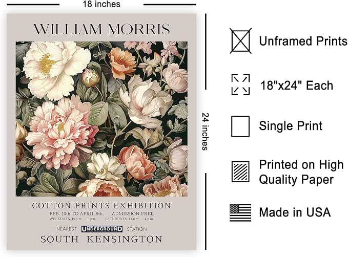 Poster Master Pink Peonies Print - William Morris Poster - Textile Pattern Art - Botanical Exhibition Art - Floral Illustration - Aesthetic Living Room or Bedroom Decor - 18x24 UNFRAMED Wall Decor
