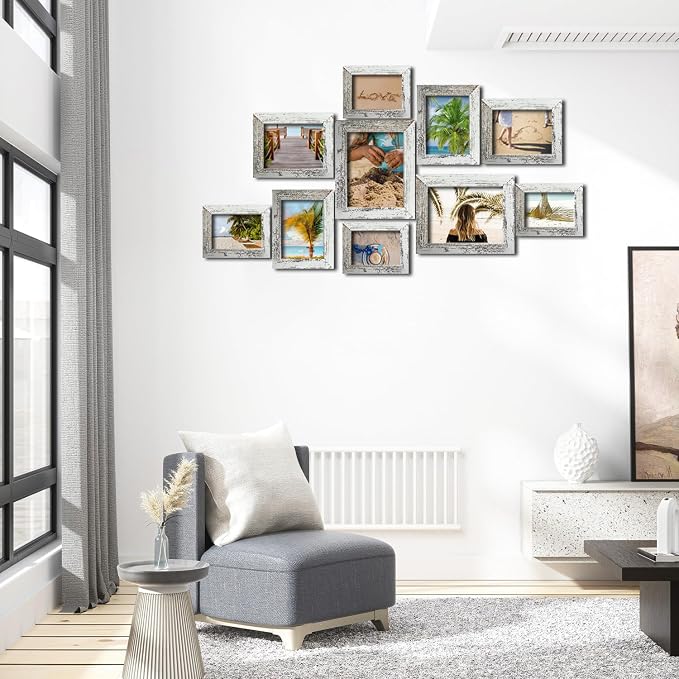 xnlkros Picture Frame Set 10 pack, Farmhouse Photo Frames, Gallery Wall Frame Collage, 8x10 5x7 4x6 Frames in 3 Different Finishes Picture Frames For Wall or Desk,Rustic White