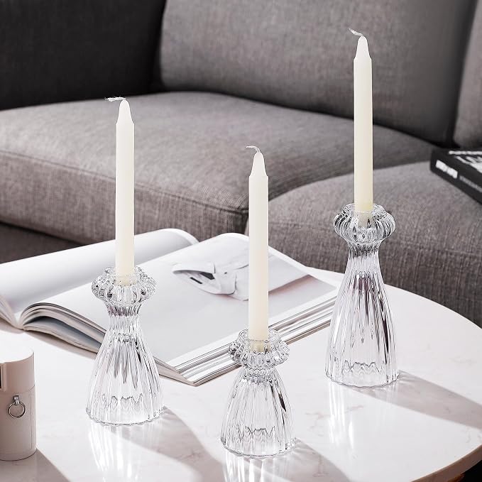 Lysenn Glass Candlestick Holders, Taper Candle Holders Set of 3, Clear