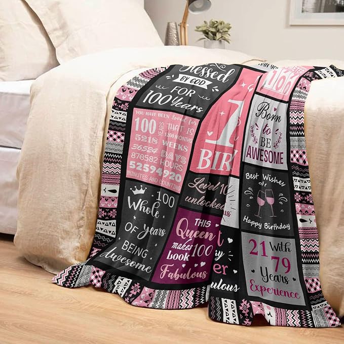 Ivivis 100th Birthday Gifts for Women Blanket 60”x50”, 100th Birthday Party Supplies Decorations, Happy 100th Birthday Gifts for 100 Year Old Woman, 1926 Gifts for 100th Birthday Women Mom Grandma