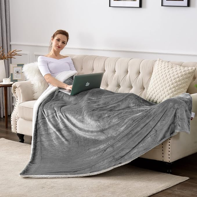 SOCHOW Sherpa Fleece Throw Blanket, Grey, 90x90 inches | Double-Sided Super Soft Luxurious Plush Blanket Queen Size