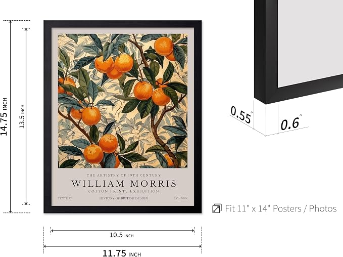 Monem Art William Morris Poster - Orange Tree Print - Orange Fruit Decor - Botanical Design - Exhibition Art - Floral Motif - Farmhouse Theme - Living Room Decor - 11x14 Black Framed
