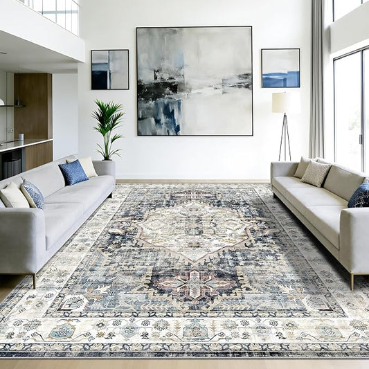 AooHHooA 8x10 Area Rugs for Living Room, Light Blue Boho Large Area Rug Vintage Low Pile Non-Slip Washable Carpet Living Room Rug 8x10 Vintage Blue Boho Rugs for Bedroom Dining Room