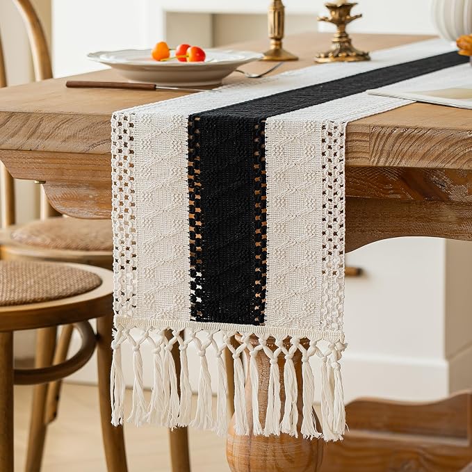 FEXIA Farmhouse Table Runner for Home Decor 12x60 Black Fall Home Decor | 60Inches Long Rustic Burlap Table Runner Macrame Table Decoration Centerpiece for Kitchen Bedroom Dining Living Room Kitchen