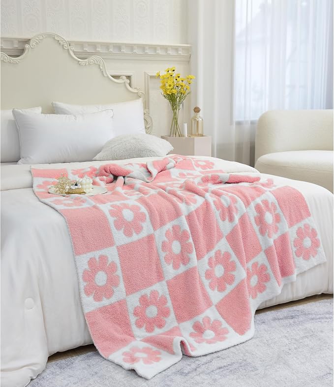 Ultra Soft Cozy Checkered Sunflower Knitted Throw Blanket Fluffy Microfiber Checkerboard Bed Blanket Lightweight Both Sides Throw Blanket for Couch Sofa Bed 50"X60" Pink¡­