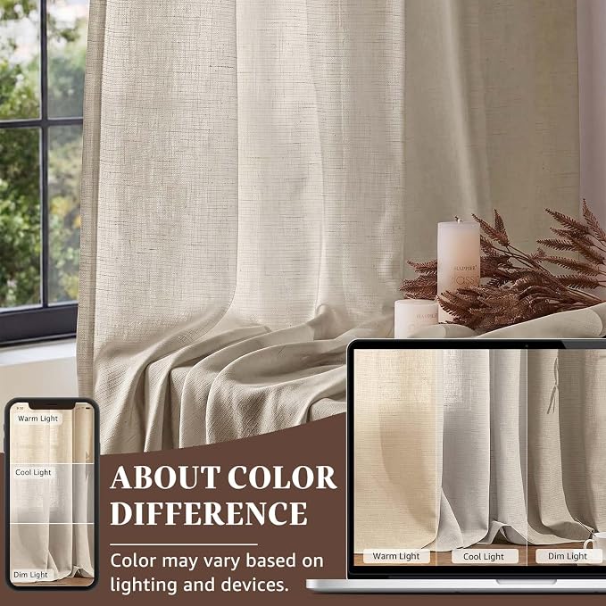 jinchan Linen Curtains Light Filtering Back Tab 38x90 Inch 2 Panels | Semi Sheer Curtains 90 inch length for Bedroom Living Room, Modern Farmhouse Drapes with Rod Pocket, Natural Boho Curtains