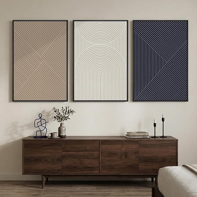 Large Framed Beige Blue Abstract Wall Art for Living Room, 3 Piece 24x36 In | Geometric pictures, Canvas prints, Wood frame, Modern artwork, Minimalist painting, Wall decor for dining room bedroom office