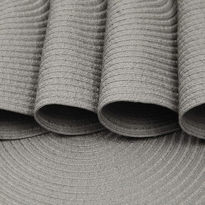 SHACOS Round Braided Placemats Set of 8 Washable Fabric Heat Resistant 15 inch Grey Round Table Mats for Dining Tables (Gray, 8)