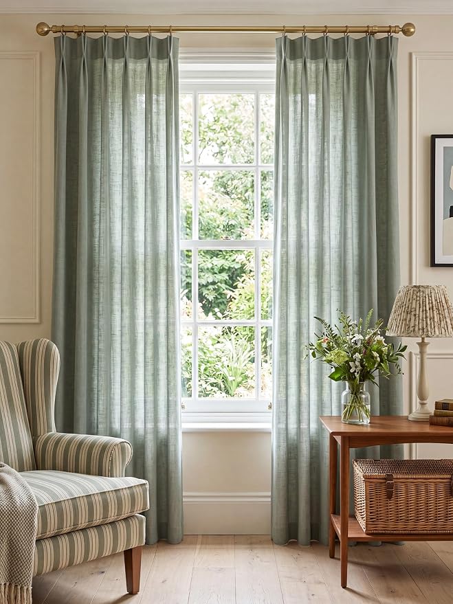 Liz Pinch Pleated Linen Curtains Light Filtering Curtains for Living Room, Farmhouse Window Curtains for Bedroom, Modern Drapes with Hooks and Rings, 108 Inches Long, Sage Green, 2 Panels Set