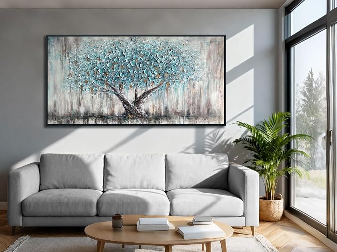 Arjun Framed Blue Tree Canvas Wall Art Large Tree of Life Painting 48"x24" | Living Room Bedroom Teal Hand Painted Textured Painting, Nature Picture Panoramic Landscape Artwork Home Office Wall Decor