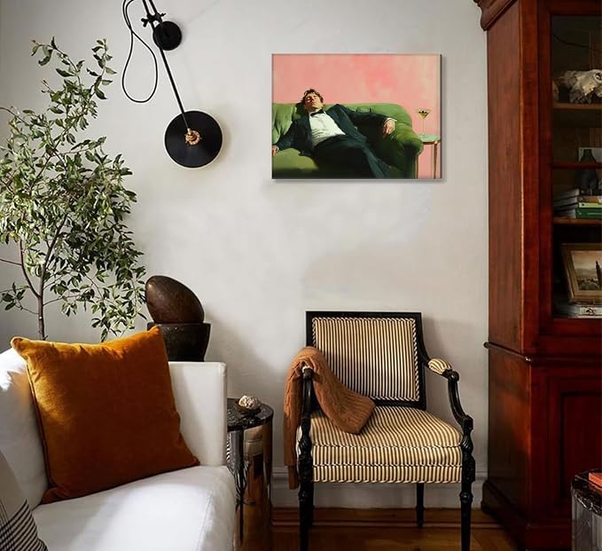 Vintage Man Canvas Wall Art Funky Victorian Men on Couch with Martini Picture Wall Decor Eclectic Cocktail Poster Trendy Bar Cart Decor Painting Print Artwork for Bar Kitchen Dining Room Decor, Framed
