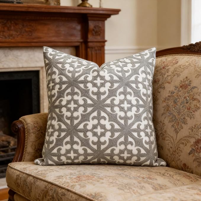 Slow Cow Embroidery Decorative Throw Pillow Cover Grey Kaleidoscope Design Pattern Cushion Cover 18 x 18 Inches