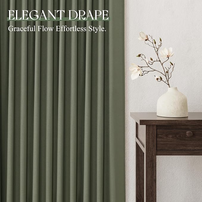 Jowels Olive Green Linen Curtains 102 Inch Long 2 Panels for Living Room | Loden Light Filtering Semi Sheer Curtain, Back Tab Pocket Pleated Look,Farmhouse Textured Privacy Drapes for Bedroom Window