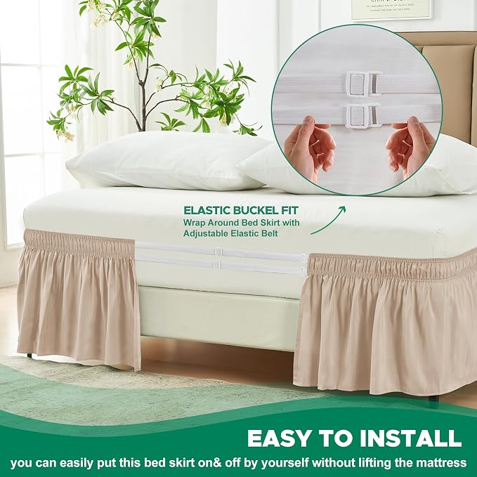 Wrap Around Bed Skirt King Size 14 Inch Drop-Elastic Dust Ruffle Sand | Adjustable Pleated Bedskirt-Easy Fit Wrinkle Resistant Washable Hotel Quality Fabric Bed Skirting-Master Guest Bedroom Rental