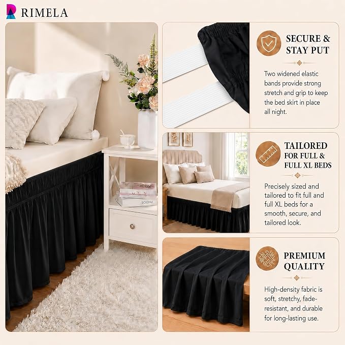 Black Full Bed Skirt 25 Inch Drop Elastic Wrap Around Solid Ruffled