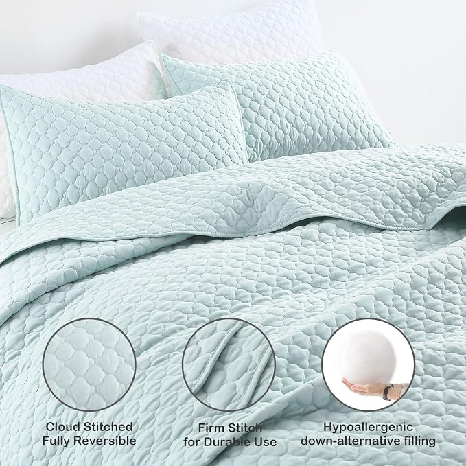 HORIMOTE HOME Quilt King Size Aqua Blue, Lightweight Quilt for Summer, Ultra-Soft Microfiber Modern Style Quilted Clouds Pattern Bedspread Quit Set 3 Pieces(1 Quilt and 2 Pillow Shams)