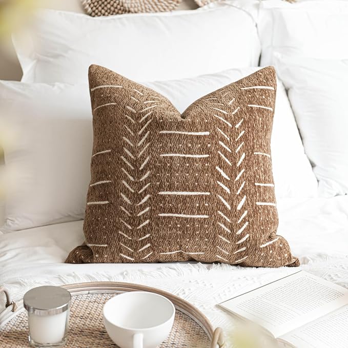 BlissBlush Decorative Throw Pillow Covers 20X20 Set of 2, Brown Boho Farmhouse Cushion Cover, Cozy Soft Accent Pillowcase for Couch Sofa Bed Living Room Home Décor