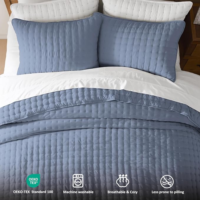 WDCOZY Dusty Blue Cloud Quilt Set King Size, Lightweight Soft Cross Stitch Bedspread, Farmhouse Rustic Country Coverlet, Spring Summer Thin Comforter, 3 Pieces, 2 Pillow Shams, 104x90 inches